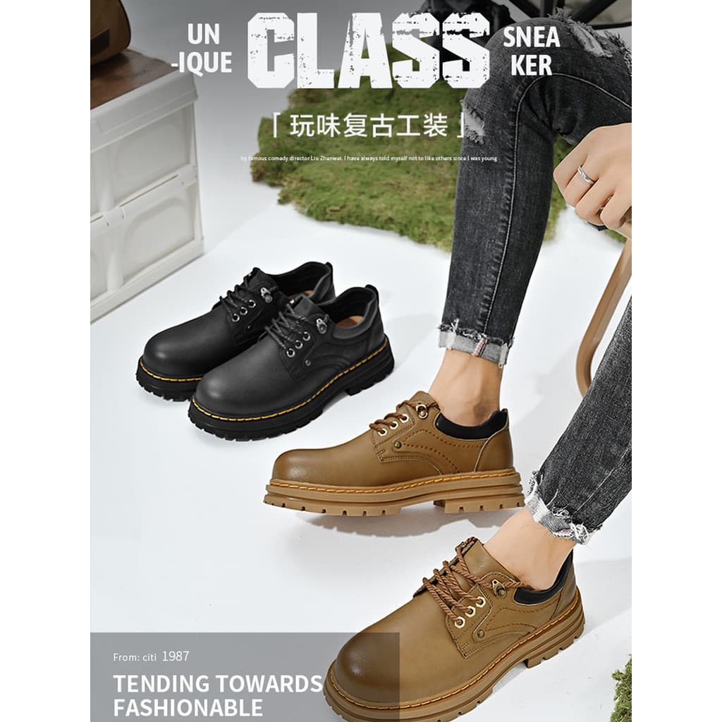 Sapatos de couro masculino couro genuíno de sola grossa Workwear dedo do pé grande sapatos masculinos de cano baixo brit