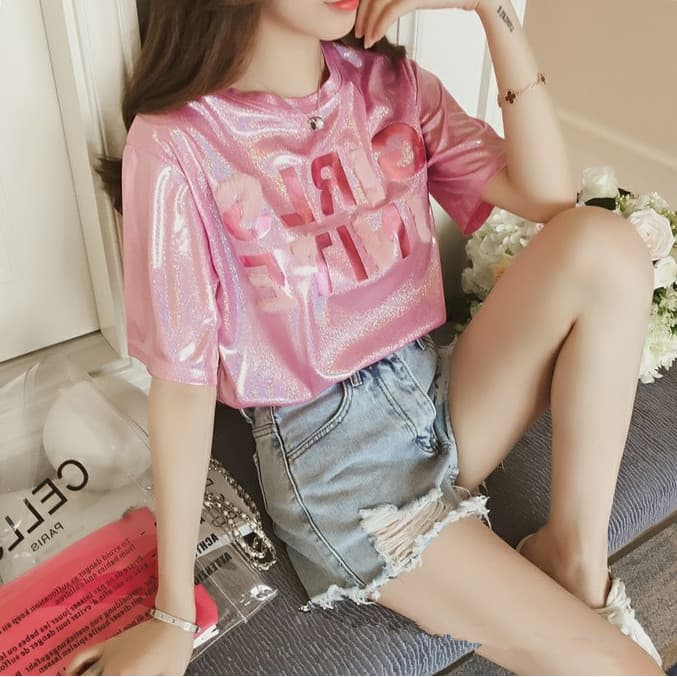Verão feminino estilo coreano brilhante seda carta topo rosa de manga curta estudante camiseta brilhante espumante meia