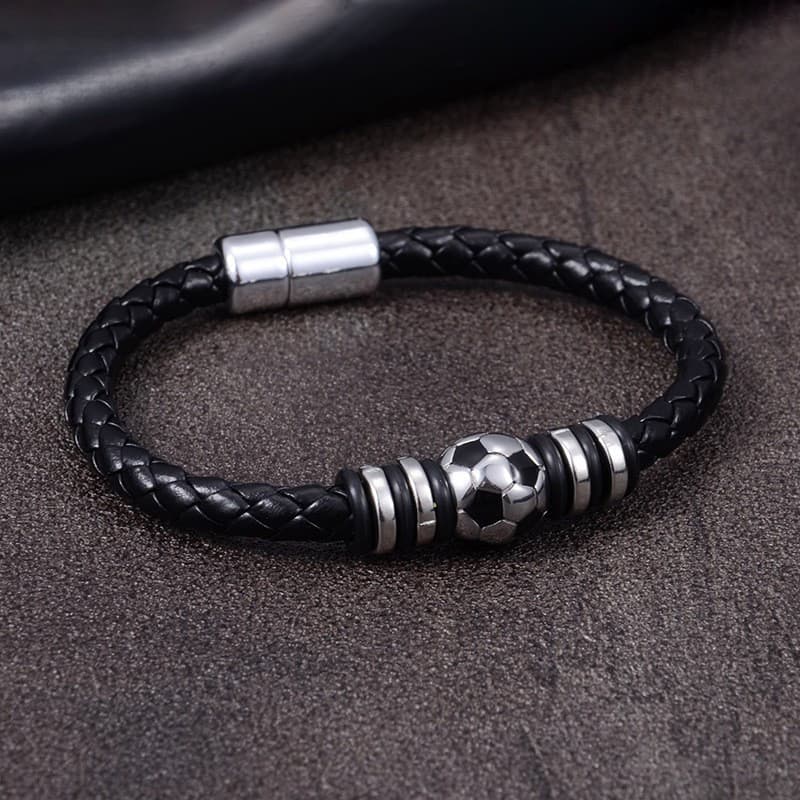 Pulseira De Aço Titânio Estilo Copa Do Mundo Para Homens-Cordão De Couro Tecido Com Fivela Magnética De Futebol 7LR9