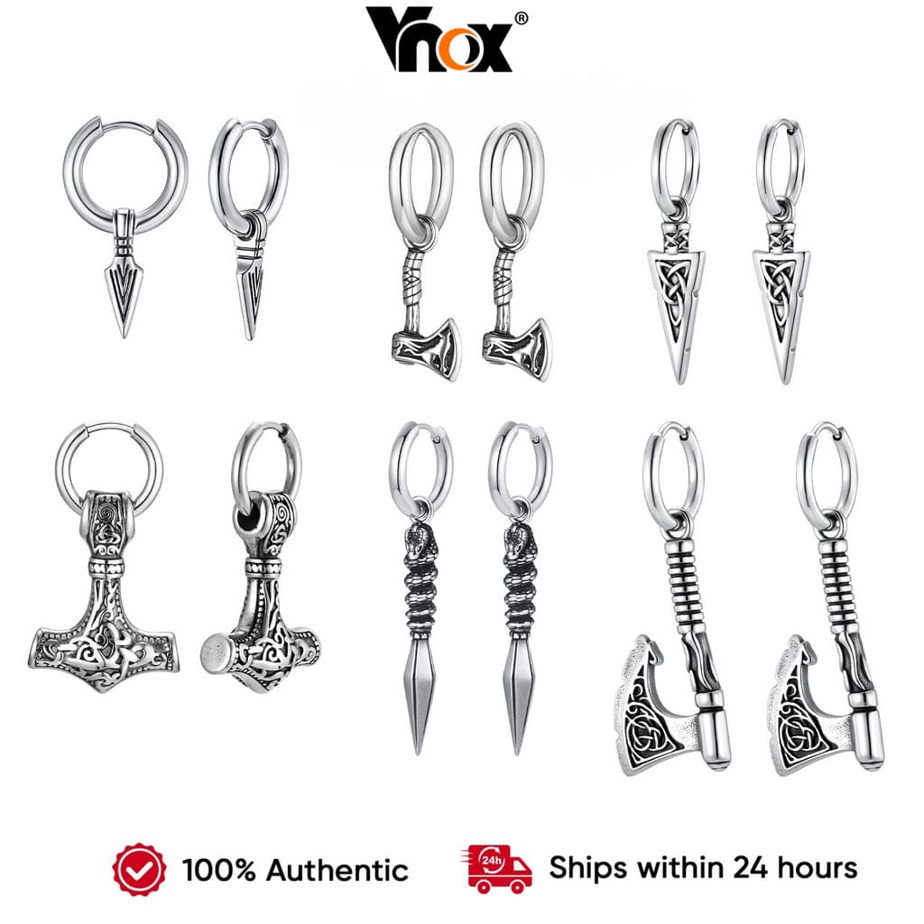 Brincos De Argola Vnox Viking Para Homens , Brinco Vintage De Aço Inoxidável Com Martelo De Thor Nórdico , Joias De Hip