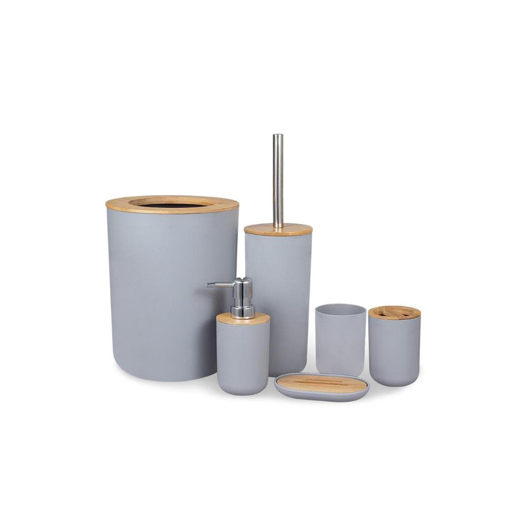 Conjunto de banheiro de madeira de bambu, lavatório, bancada, produtos de higiene pessoal, escova de lixo, acessório