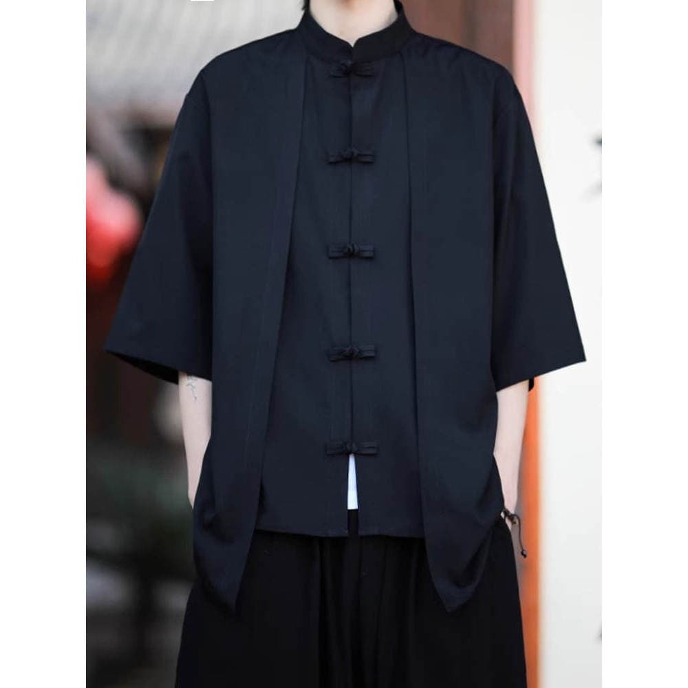 Estilo chinês camisa de manga curta masculina Retro novo estilo chinês Tang terno topo verão estilo fino falso fivela de