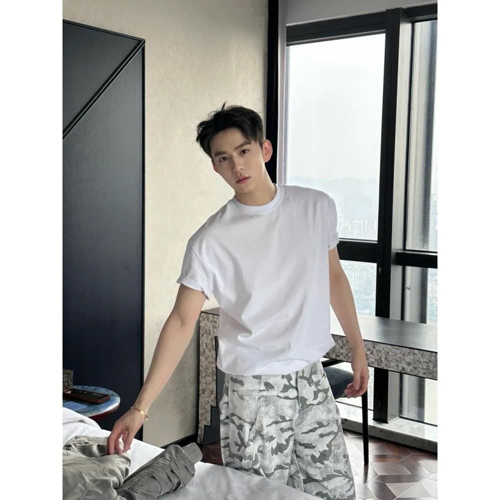Branco puro ombro pesado manga curta homens verão americano pequeno decote puro algodão camiseta cleanfit Fitness meia m