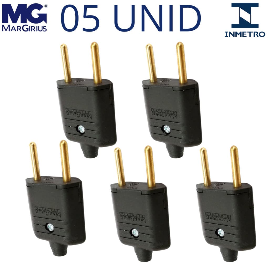 Kit 5 Plugues Macho Margirius 10A 2 Pinos Bivolt Certificado INMETRO Para Extensão Cabo Elétrico