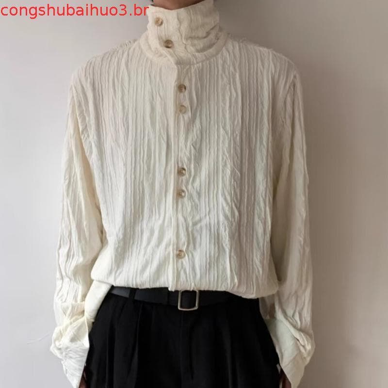 Csa masculina primavera outono csa de fundo de gola alta francês Retro texturizado plissado lapela high-End gola a