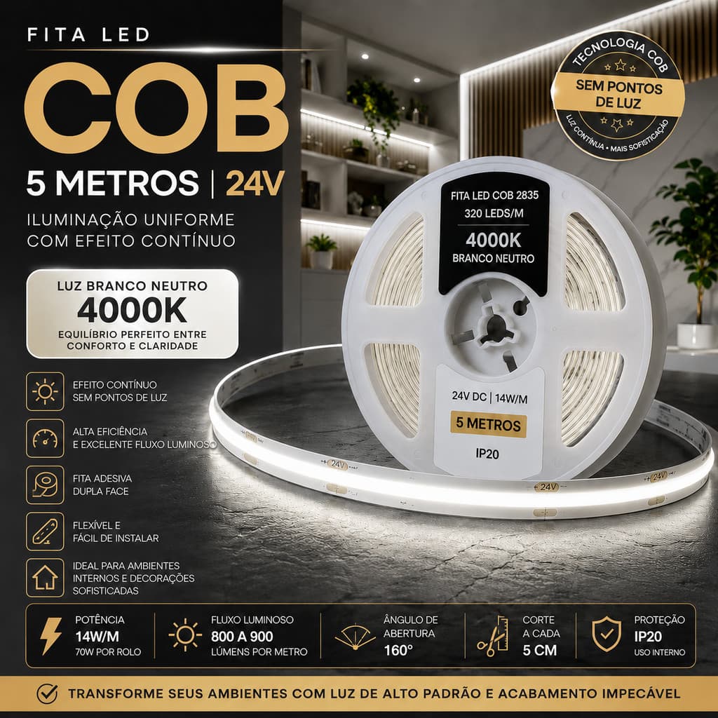 FITA LED COB 5 METROS BRANCO NEUTRO 4000K ALTA LUMINOSIDADE 320 LEDS IP20 PROFISSIONAL