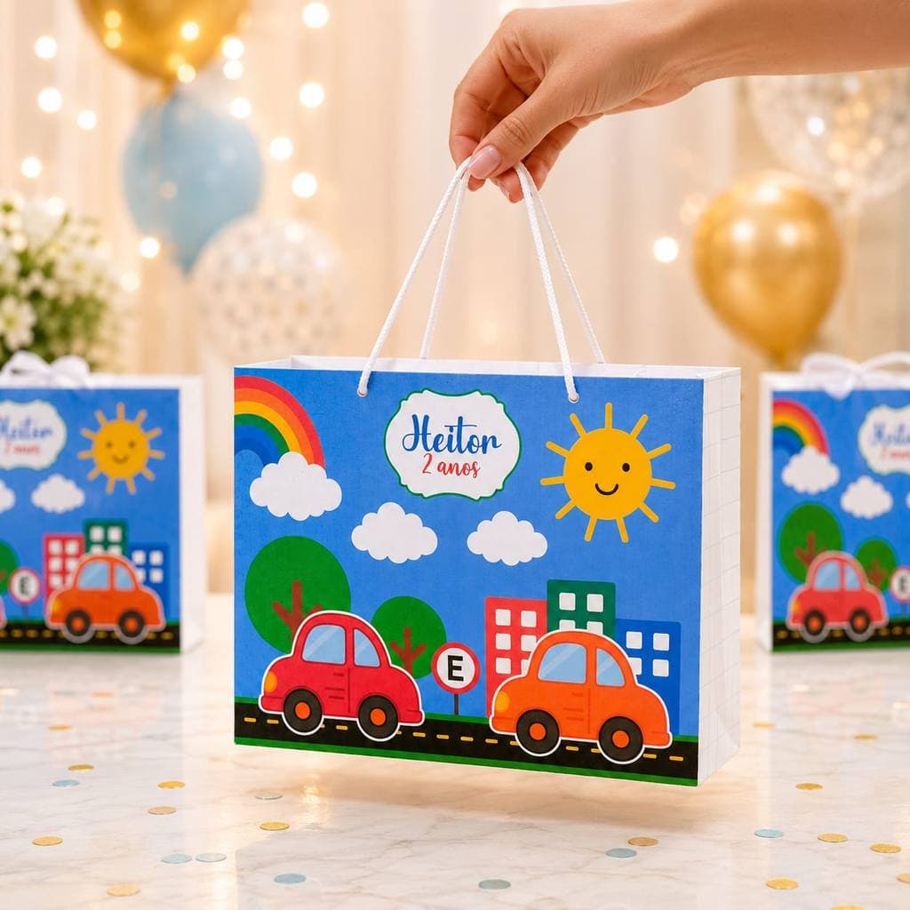 Sacolinha Personalizada tema Carrinhos | Personalizados | Sacola jardim encantado | Pegue e monte