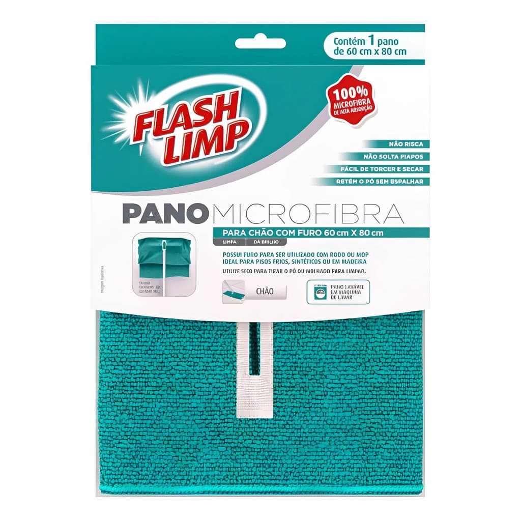 Pano Microfibra para Chão Grande com Furo 60x80cm para Rodo Verde Alta Absorção