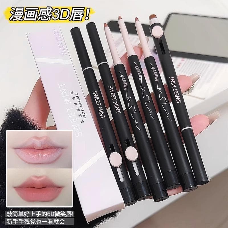 Delineador labial à prova d'água, de longa duração, não desbota, caneta pincel labial de duas cabeças, um contorno recho