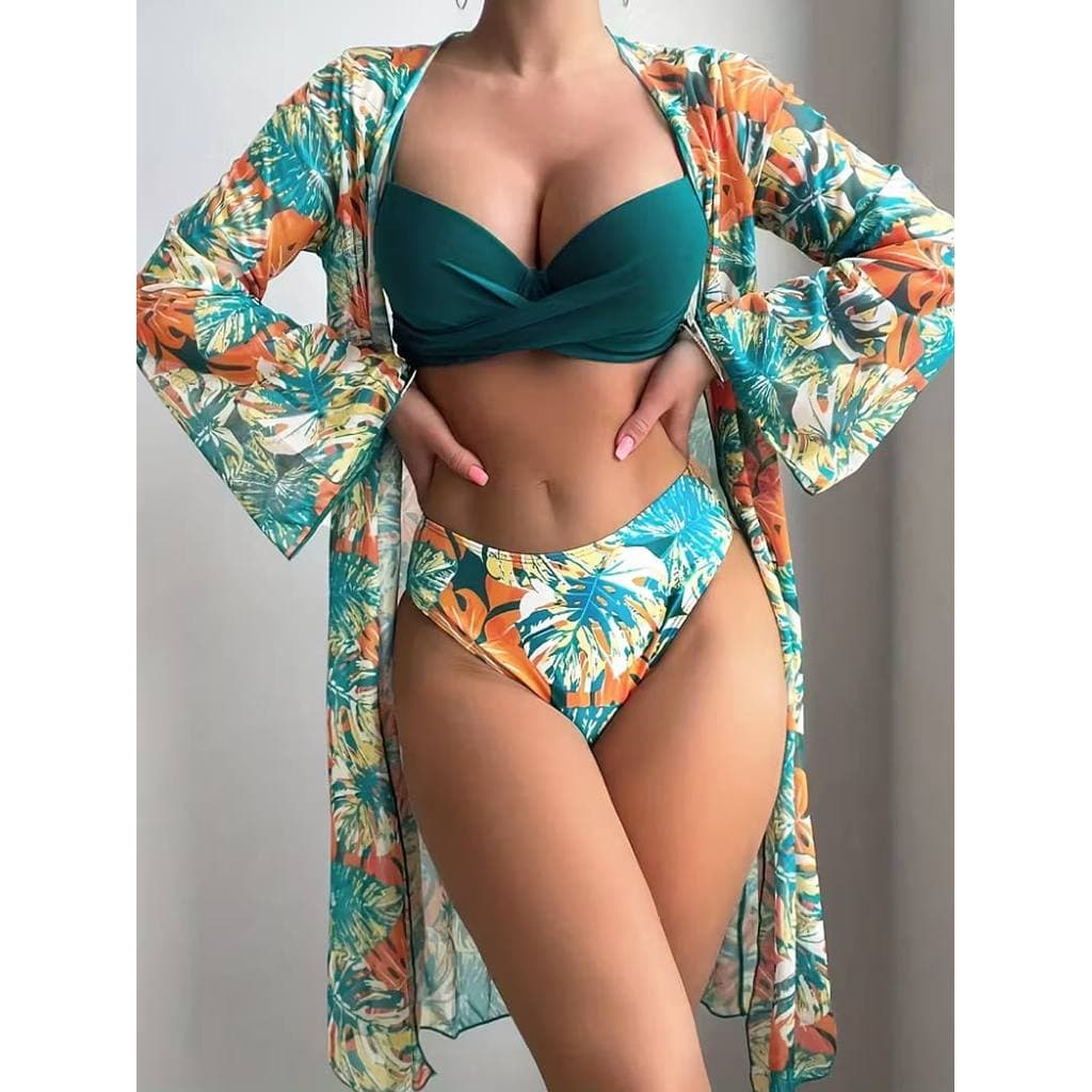 Biquíni top bojo azul petroleo feminino conjunto estampa folha laranja floral 3peças moda praia piscina lazer natação
