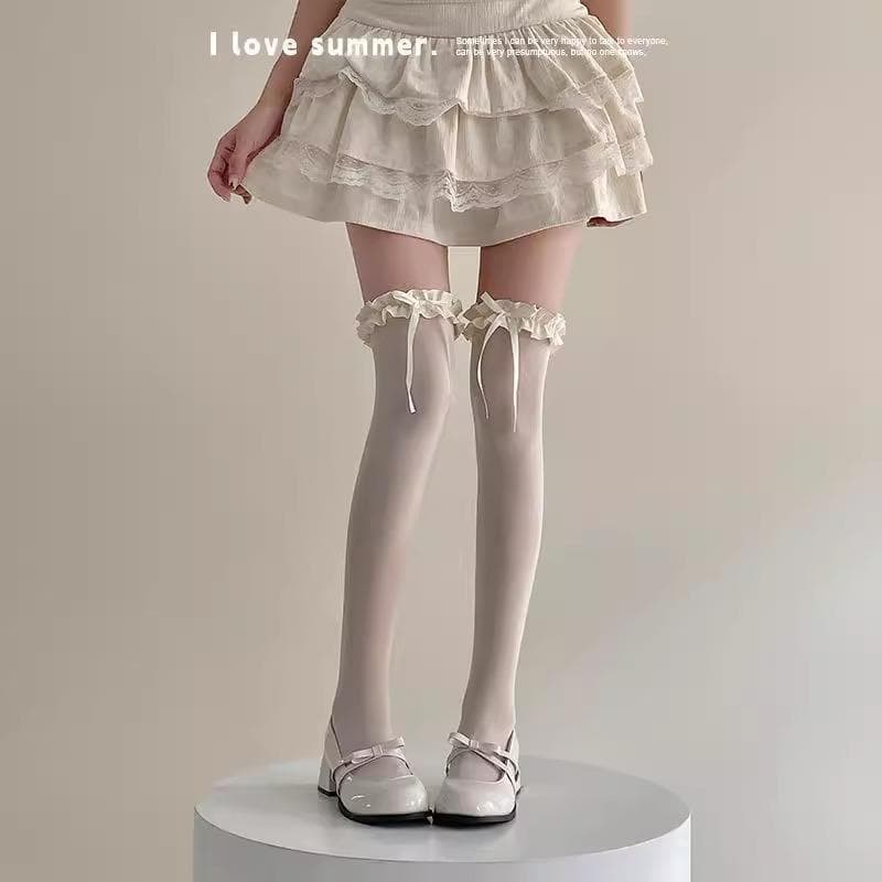 Meias brancas meninas bonito arco renda meio acima do joelho estilo fino Anti-Snagging meias de verão jk meias
