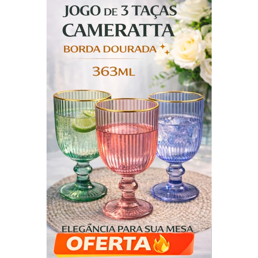 Jogo de 3 Taças Cameratta com Borda Dourada 363ml – Sofisticação e Requinte para sua Mesa