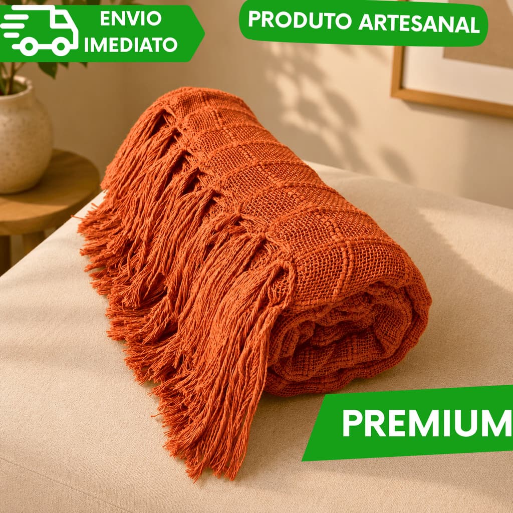 Manta Para Sofá Algodão e Peseira De Cama Terracota E Cru Detalhe Em Quadriculado artesanal...