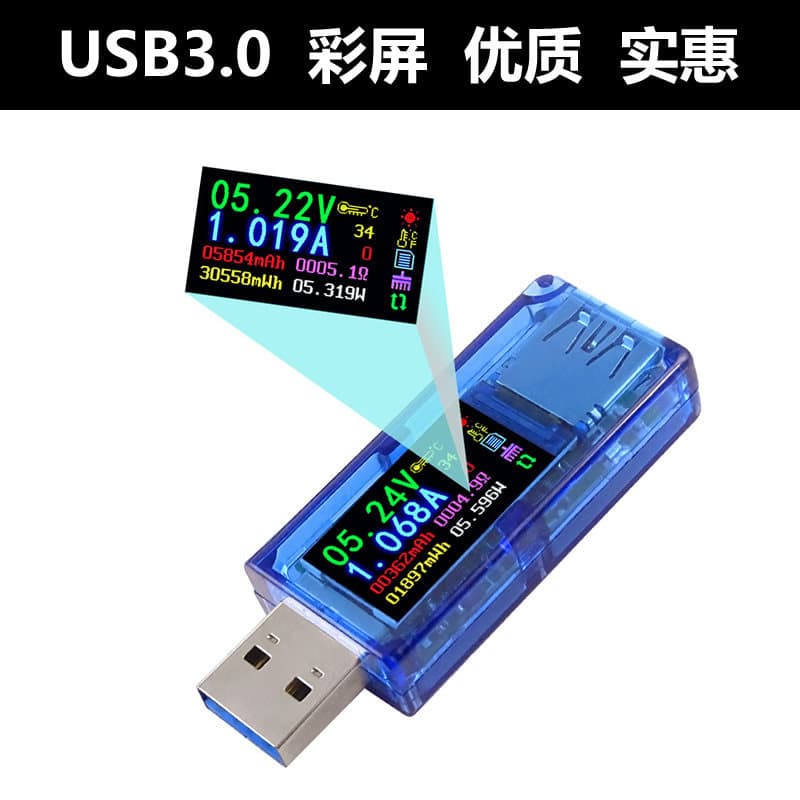 USB3.0 voltímetro de corrente cabeça de carregamento Multi-função testador LCD tela colorida mah capacidade potência AT3