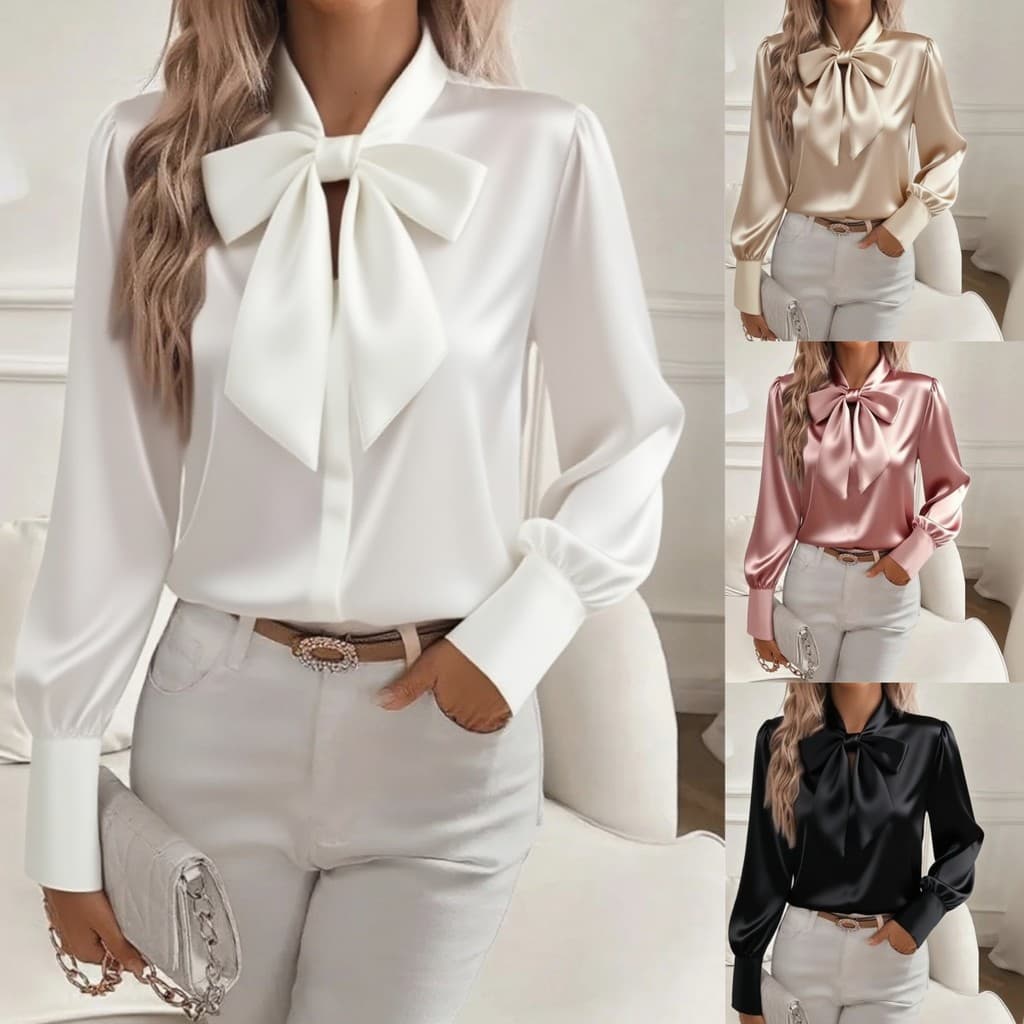 Blusa Feminina Outono Manga Comprida Laço Cetim Camisa Top