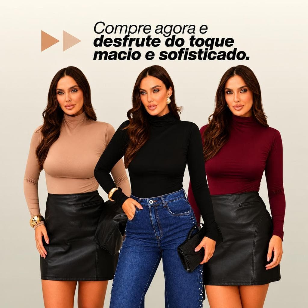 Kit 3 Blusa Feminina Cacharrel Manga Longa Gola Alta Suplex Poliamida Inverno Moda Básica Casual Trabalho