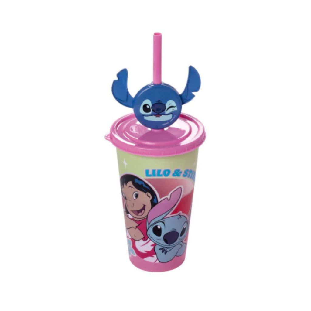 Copo Plástico Refri Com Canudo Pin 500 ml Lilo E Stitch Plasutil