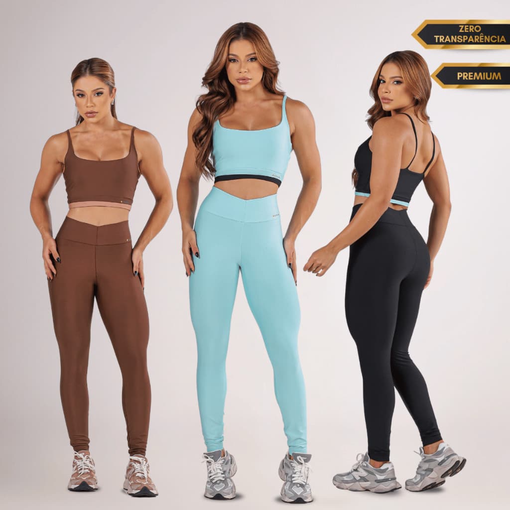 Conjunto Fitness Feminino Academia Sem Transparência com Compressão – Top + Calça Legging Cintura Alta