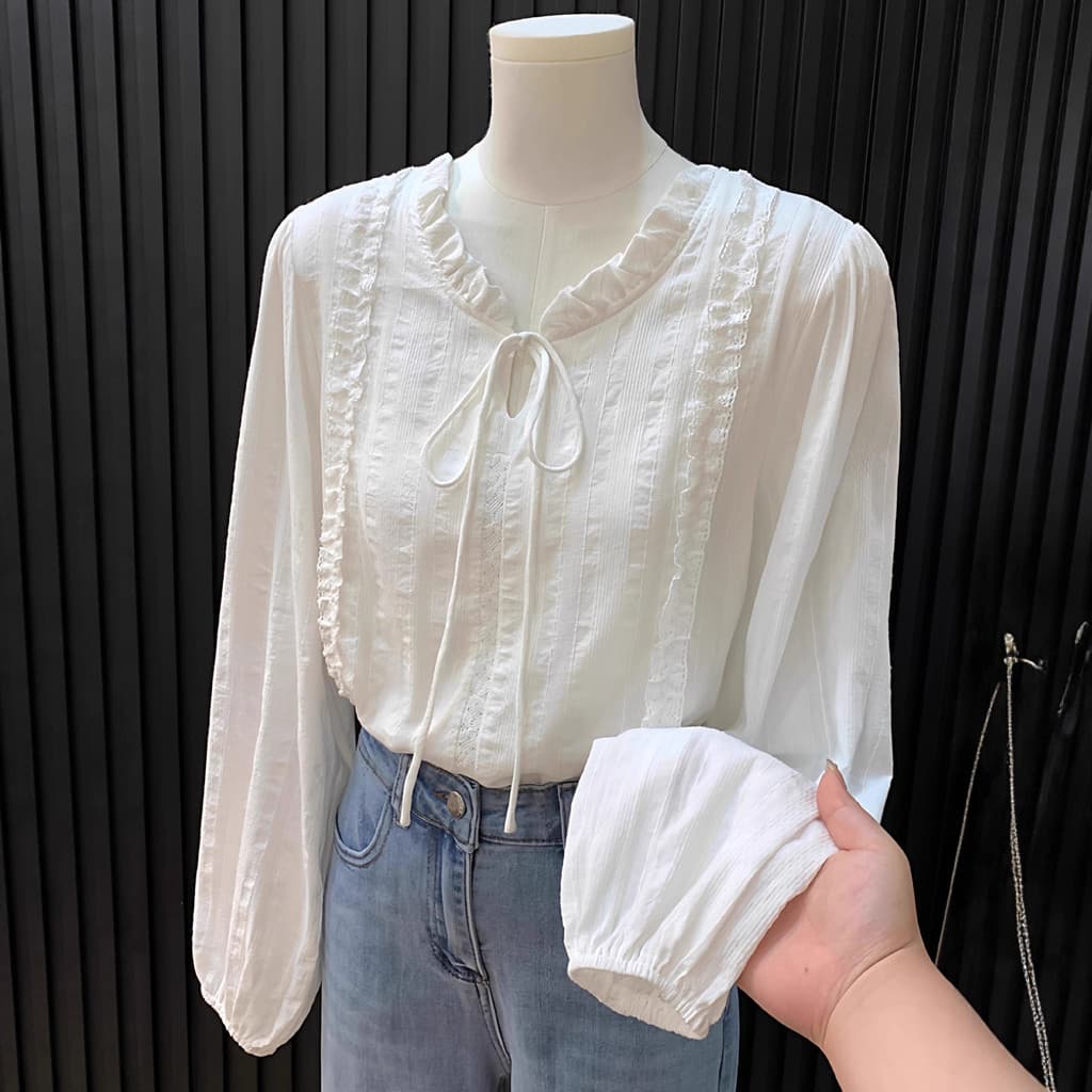 Gravata de renda francesa camisa branca feminina primavera outono novo estilo High-End estilo suave temperamento chique