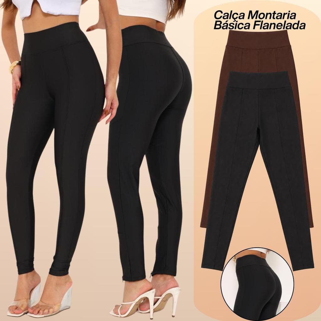 Calça Montaria Feminina Flanelada Básica Para Inverno Preta Recorte Frontal