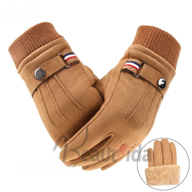 Luvas masculinas de inverno camurça tela sensível ao toque quente à prova de vento para dirigir luvas de caxemira espess