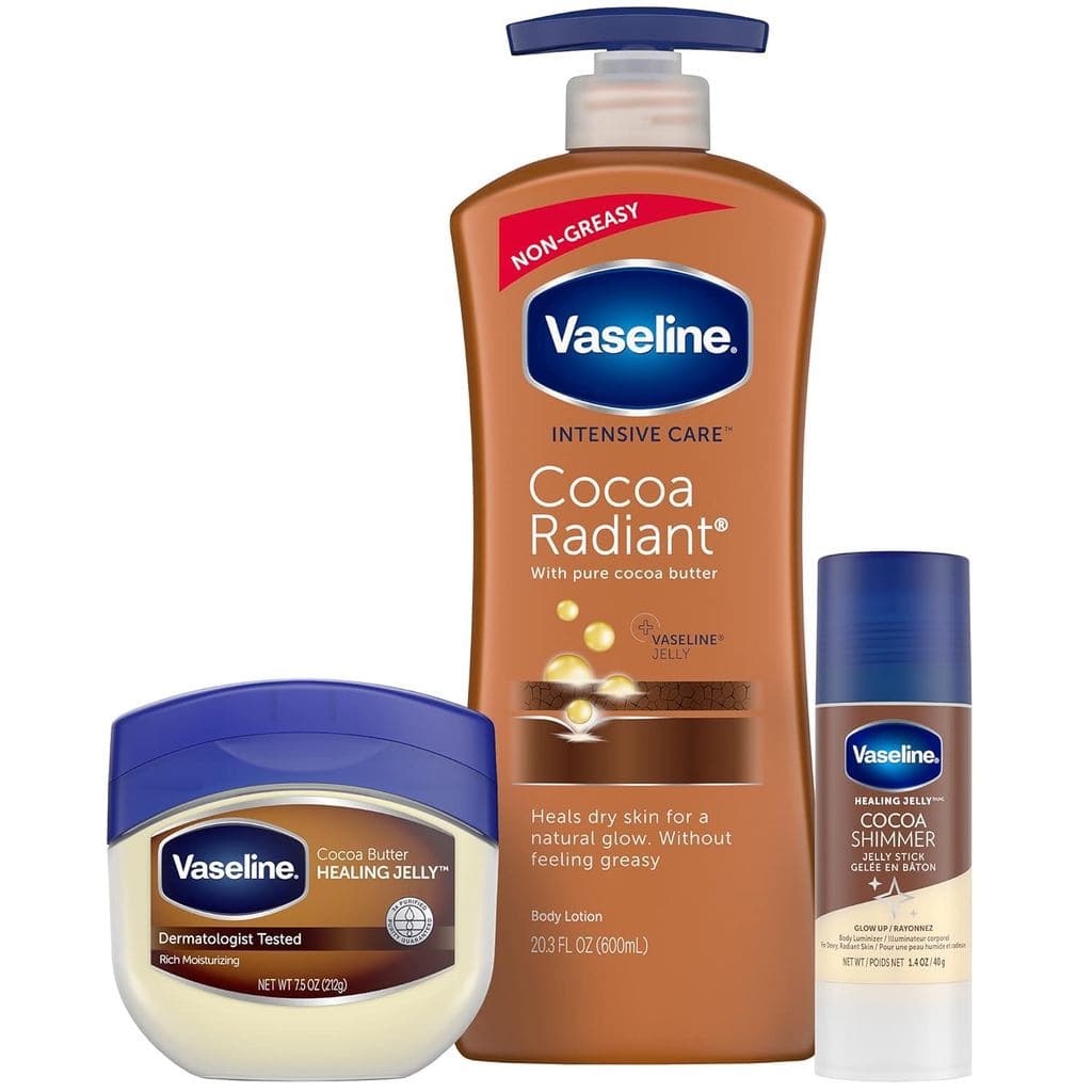 Loção Hidratante Intensiva Vaseline Cocoa Radiant, 20,3 oz, acompanhada de Manteiga Hidratante e Reparadora, 7,5 oz e Ba