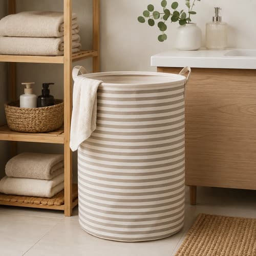 Cesto Organizador Roupa Suja Dobrável Multiuso 20l C/ Alças Preto Branco/ Cinza Listrado