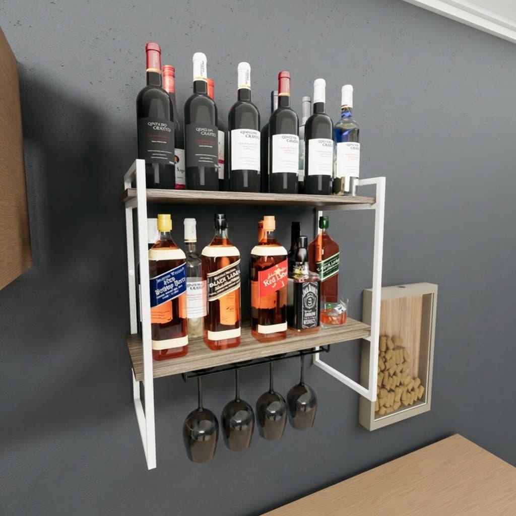 Prateleira Bar Adega Vinho Nicho Duplo Estilo Industrial Aço Porta Taça Suspenso MDP