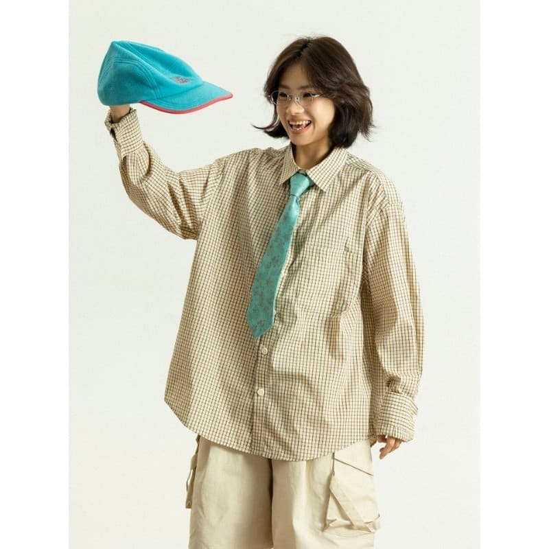 Primavera outono japonês Retro fino xadrez camisa das mulheres dos homens de manga comprida topo solto preguiçoso camisa
