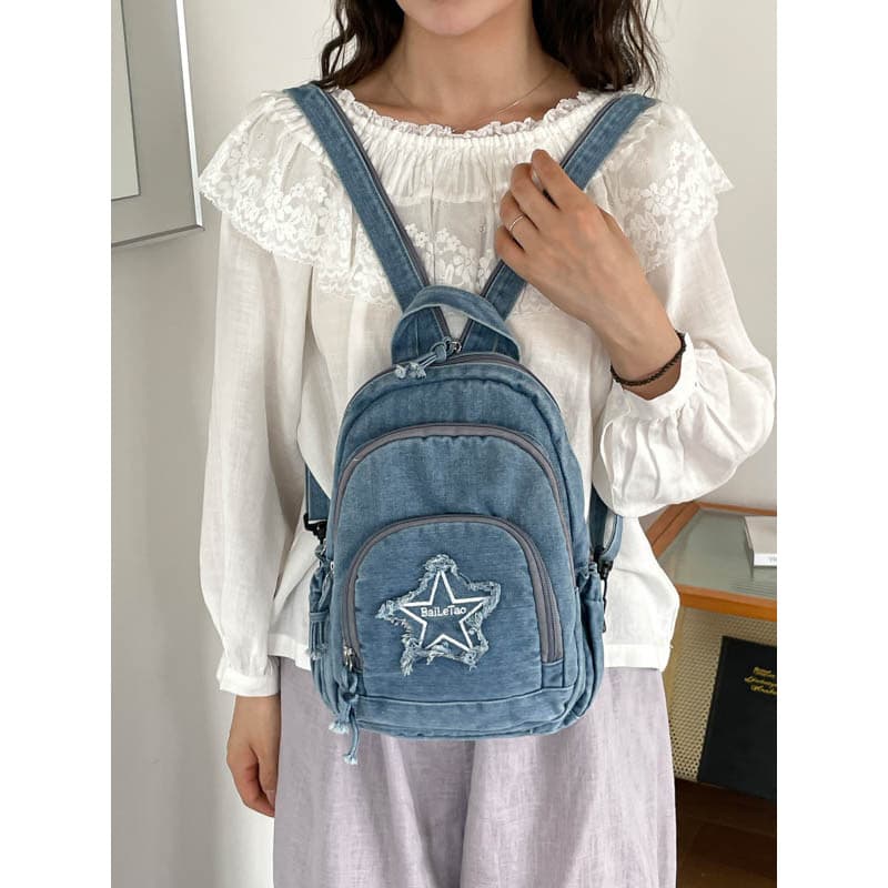 Mochila jeans exclusiva feminina, novo estilo, tecido macio, estrela da moda, bordado, estilo simples, Casual, pequena b