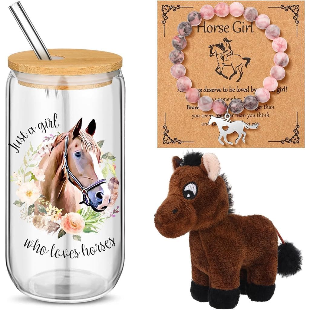 Conjunto de Joias Skylety com 3 Pulseiras de Cavalo, Cartão de Boneca de Pelúcia e Tampa de Palha, Presente para Mulhere