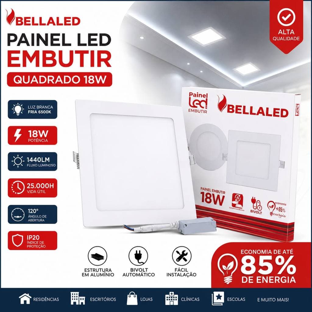 Painel led plafon de embutir 18w quadrado branco 6500k