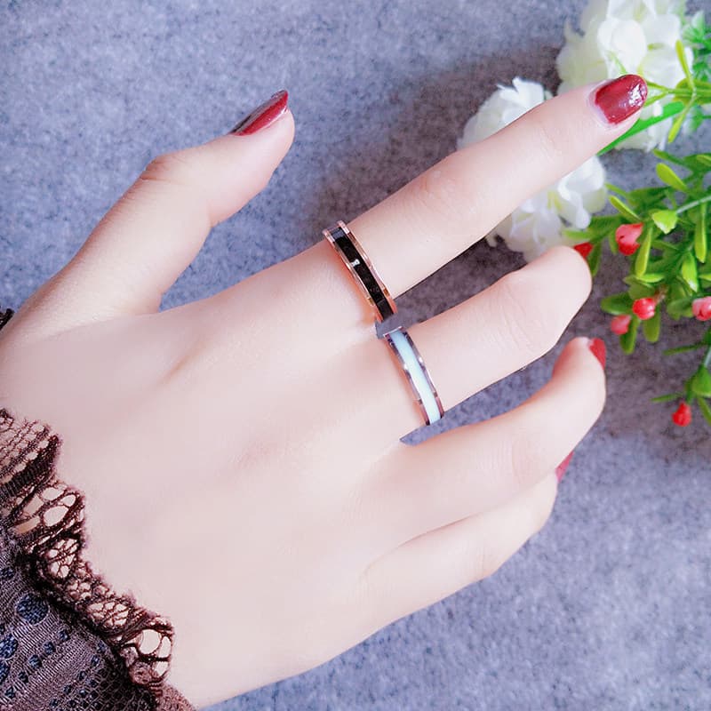 anel kit anel Aço titânio não desbota ouro rosa estilo cerâmica preta e branca