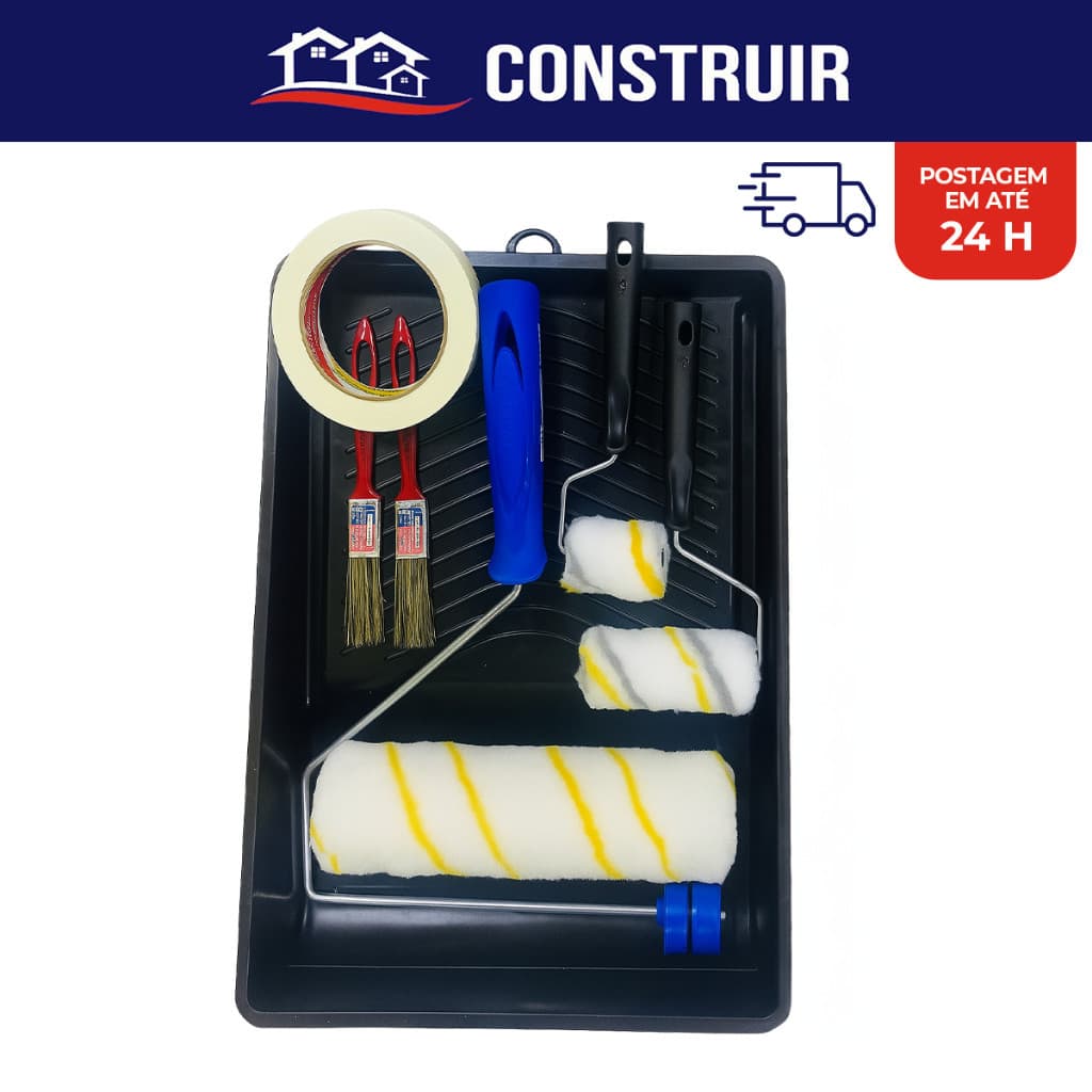 Kit Pintura Casa Parede Rolo Lã Anti Respingo  Compel  Bandeja 8 Peças Pincel Tigre