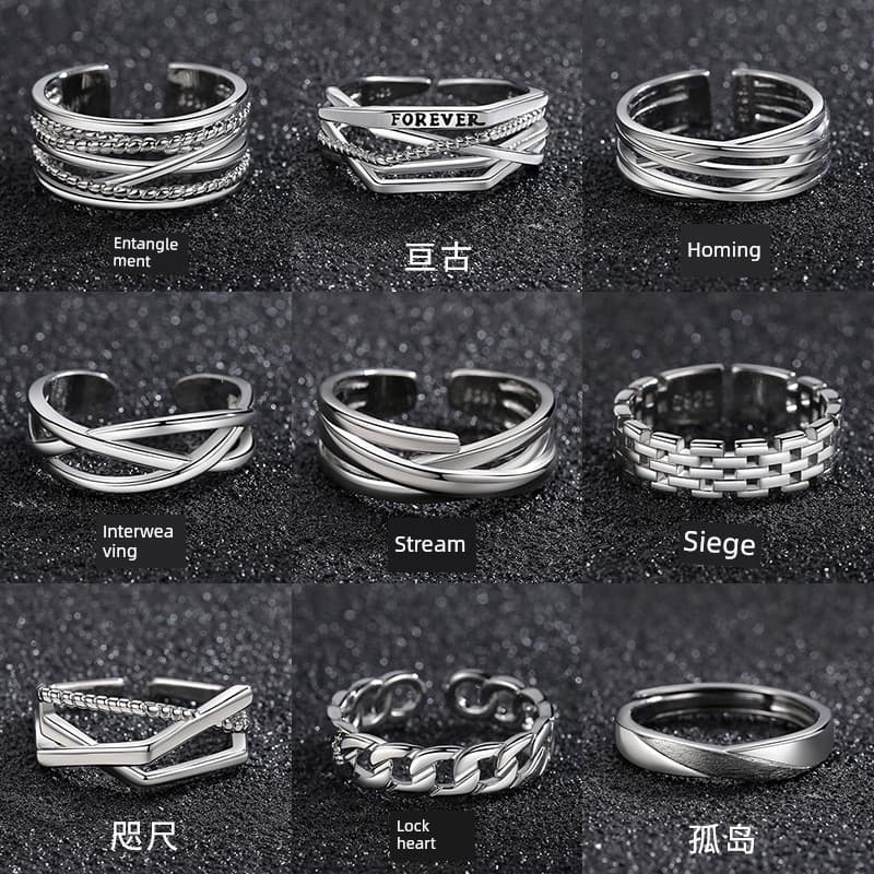 anel de namoro anel solitario Combinação empilhada linha anel masculino único anel Retro aberto único na moda Anti-Thai