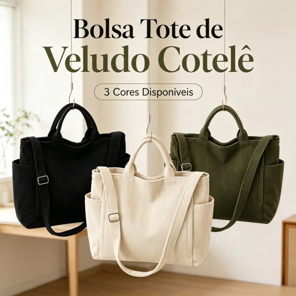 Bolsa Tote de Veludo Cotelê  Grande Capacidade para Trabalho/Faculdade | 3 Cores Disponíveis