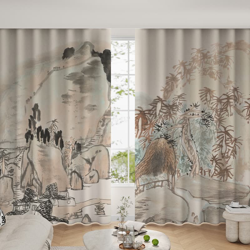 Novo estilo chinês cortina estudo estilo chinês divisória cortina paisagem pintura Blackout completo tinta Zen sala de c