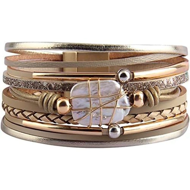 Pulseira Feminina De Leopardo Festivo , De Couro Boho Multicamadas Com Cristal De Pérola Joias