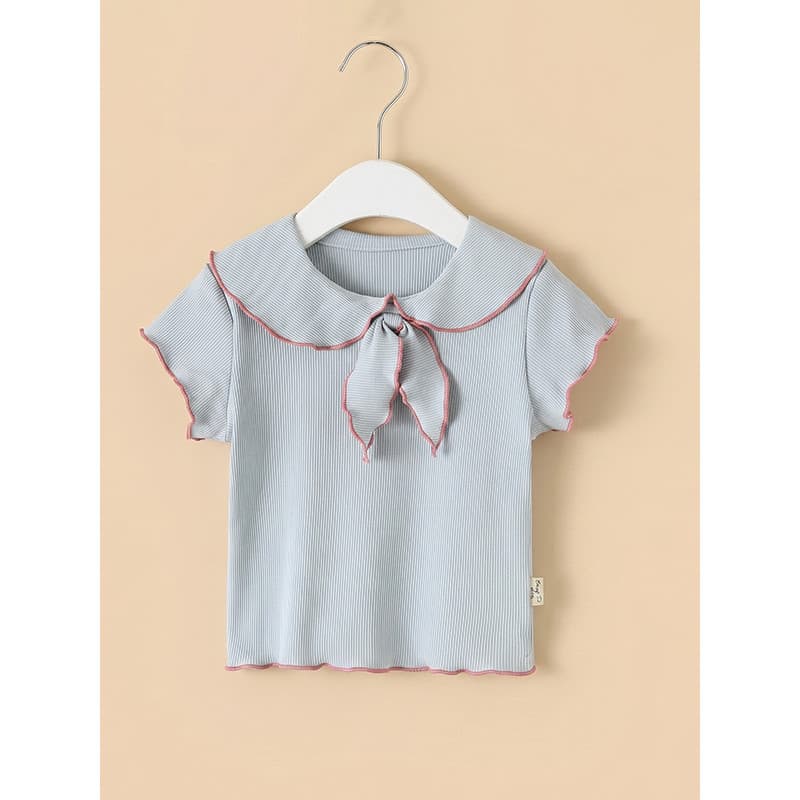 Gola marinha bebê menina topo roupas de bebê verão manga curta camiseta feminina lapela pequena princesa bonito babados