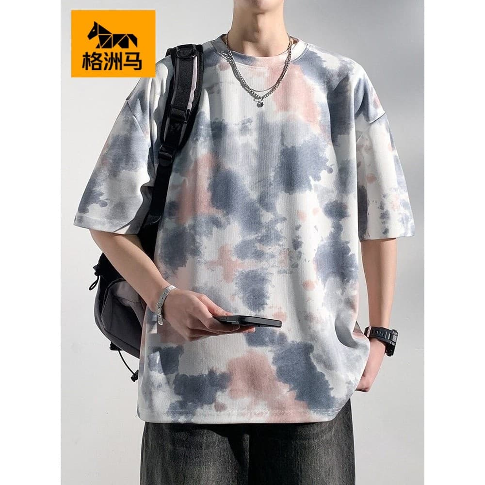 Gezhou Ma Tie-Dye camiseta de manga curta masculina verão estilo fino 2026 novo estilo seda gelo Casual solto redondo