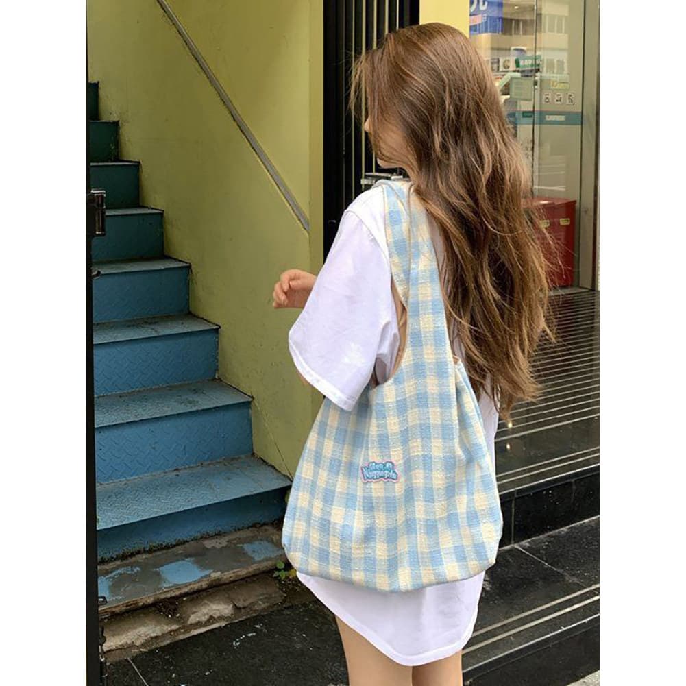 2026 novo estilo coreano xadrez doce bolsa de ombro feminina grande capacidade All-Match bolsa de lona estudante Com