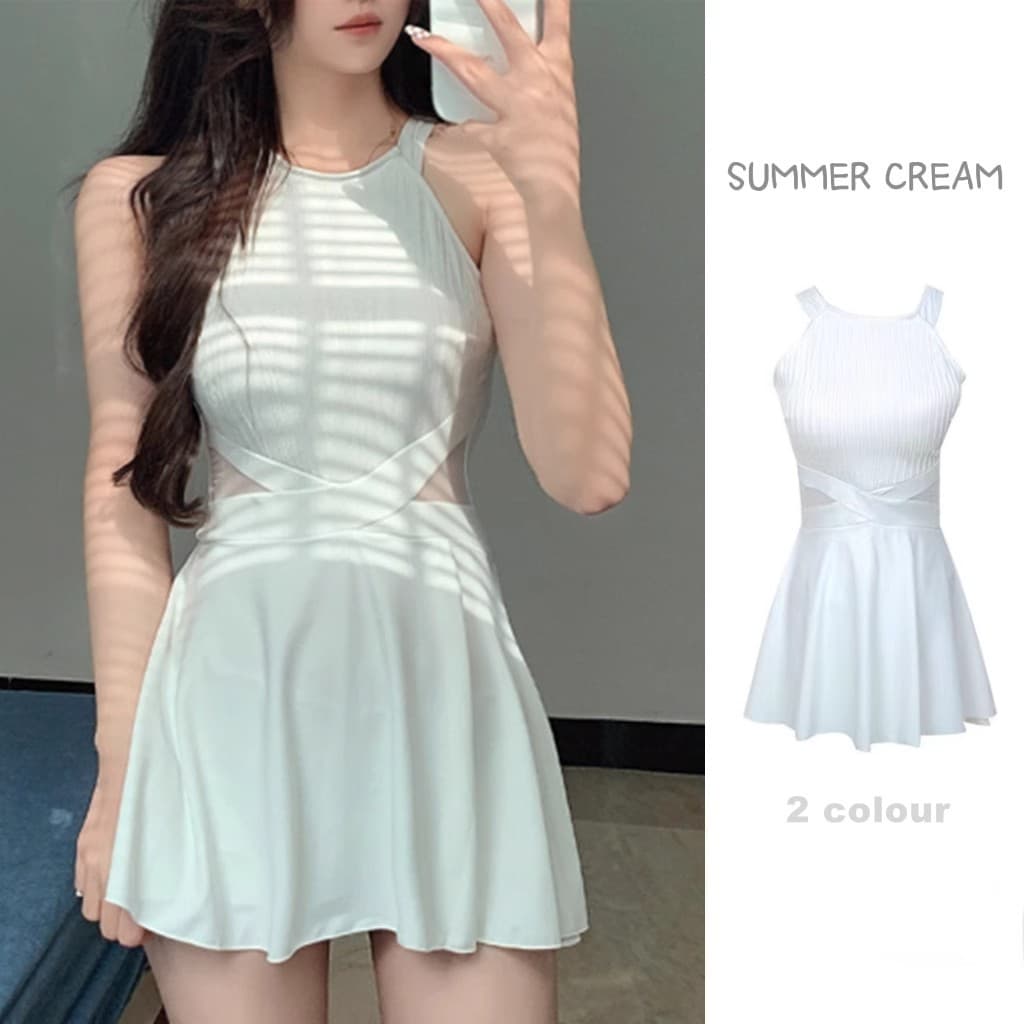 Maiô feminino branco estilingue vestido estilo conservador capa barriga mais magro olhar de uma peça primavera quente Se