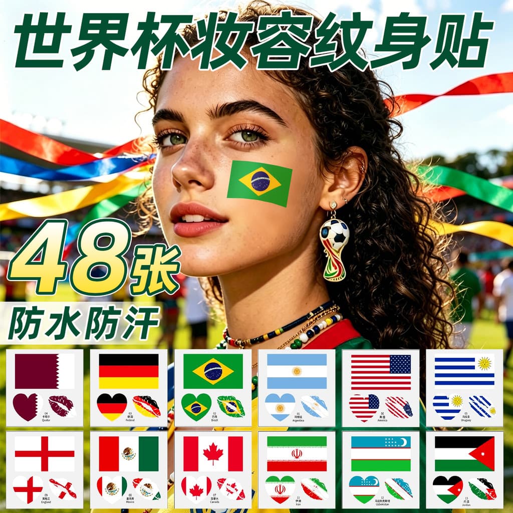 2026 Adesivos de tatuagem da Copa do Mundo Meijiamo Estados Unidos Canadá México Futebol Rosto Adesivos Adesivos de maqu