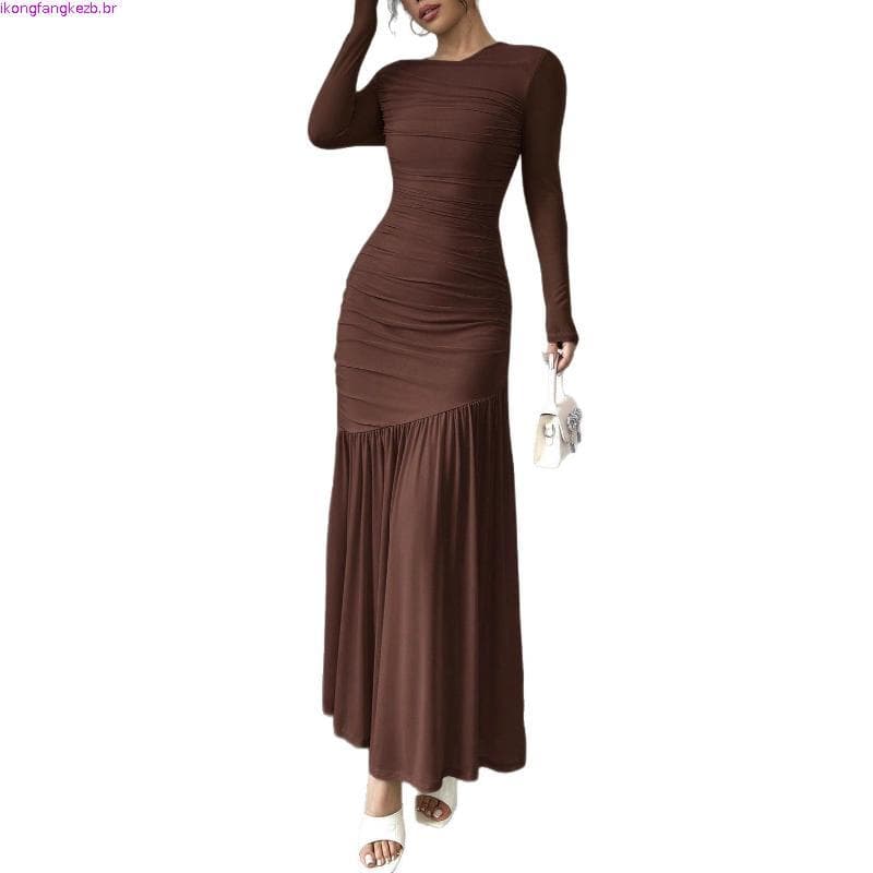 Vestido Feminino Manga Comprida Bege Malha Franzido Bodycon Sereia Maxi Slim Fit Figura Mostrando Elegante De Festa À No