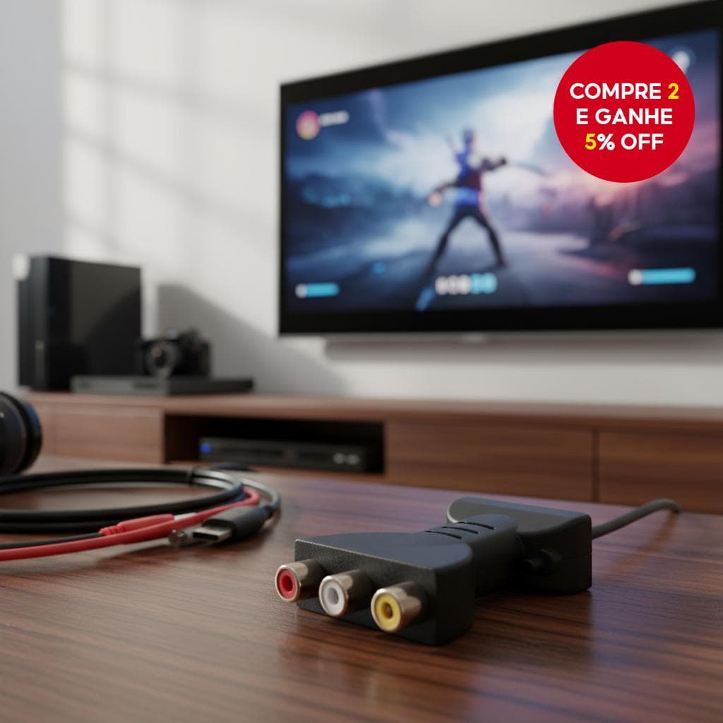 Adaptador conversor 3RCA AV para HDMI para DVD players e projetores com saída de áudio.