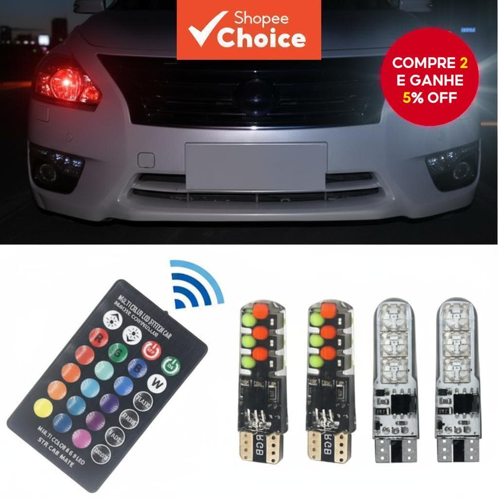 Luz de leitura LED T10 12V para teto de carro - Lâmpada RGB 5050 SMD W5W 194 168 c/ controle remoto