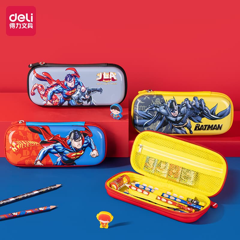 Deli 67158 Liga da Justiça 3D Estojo tridimensional para estudantes da escola primária Desenho de grande capacidade Esto