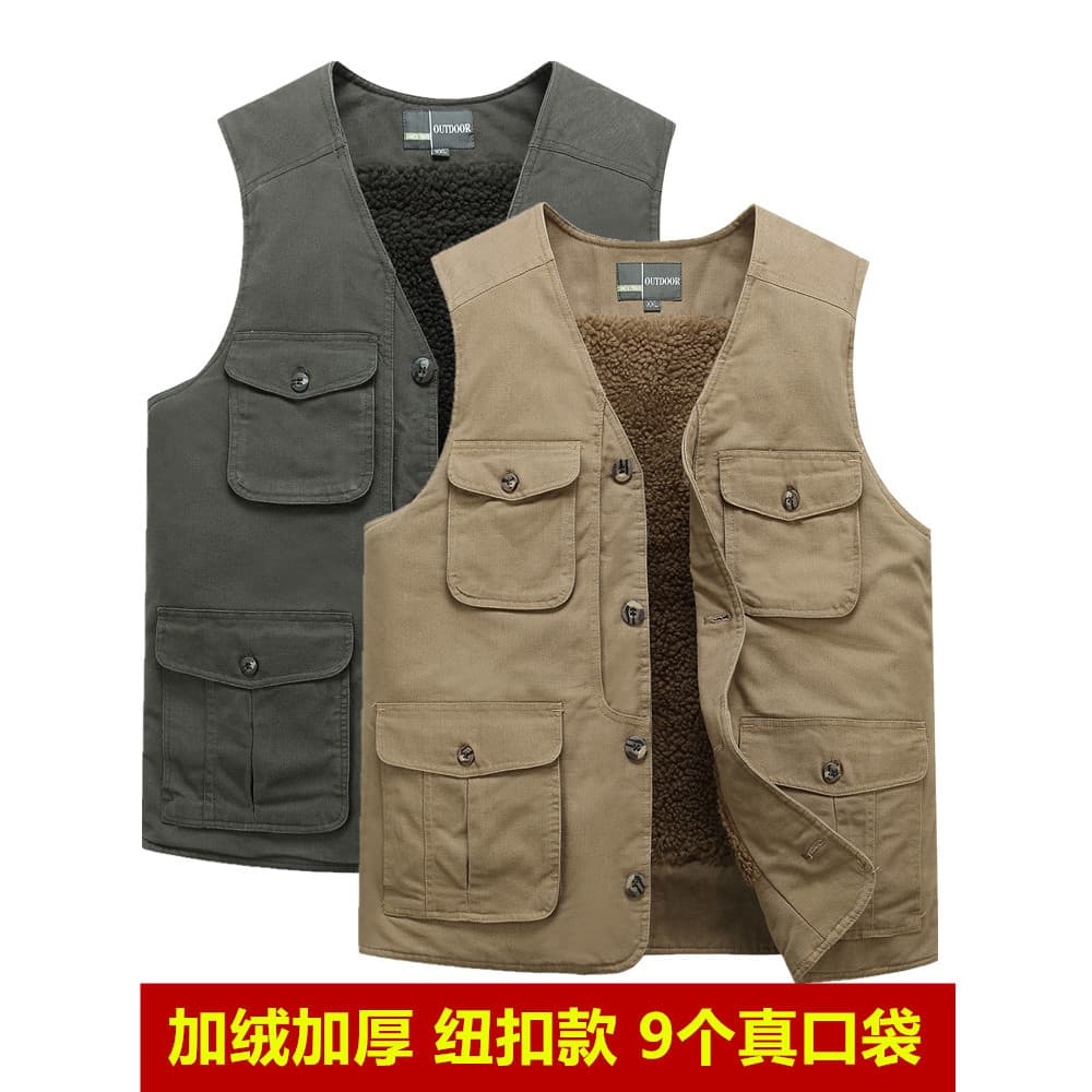 Pai colete de inverno mais veludo engrossado lã de cordeiro colete puro algodão lavado colete masculino de meia-idade id