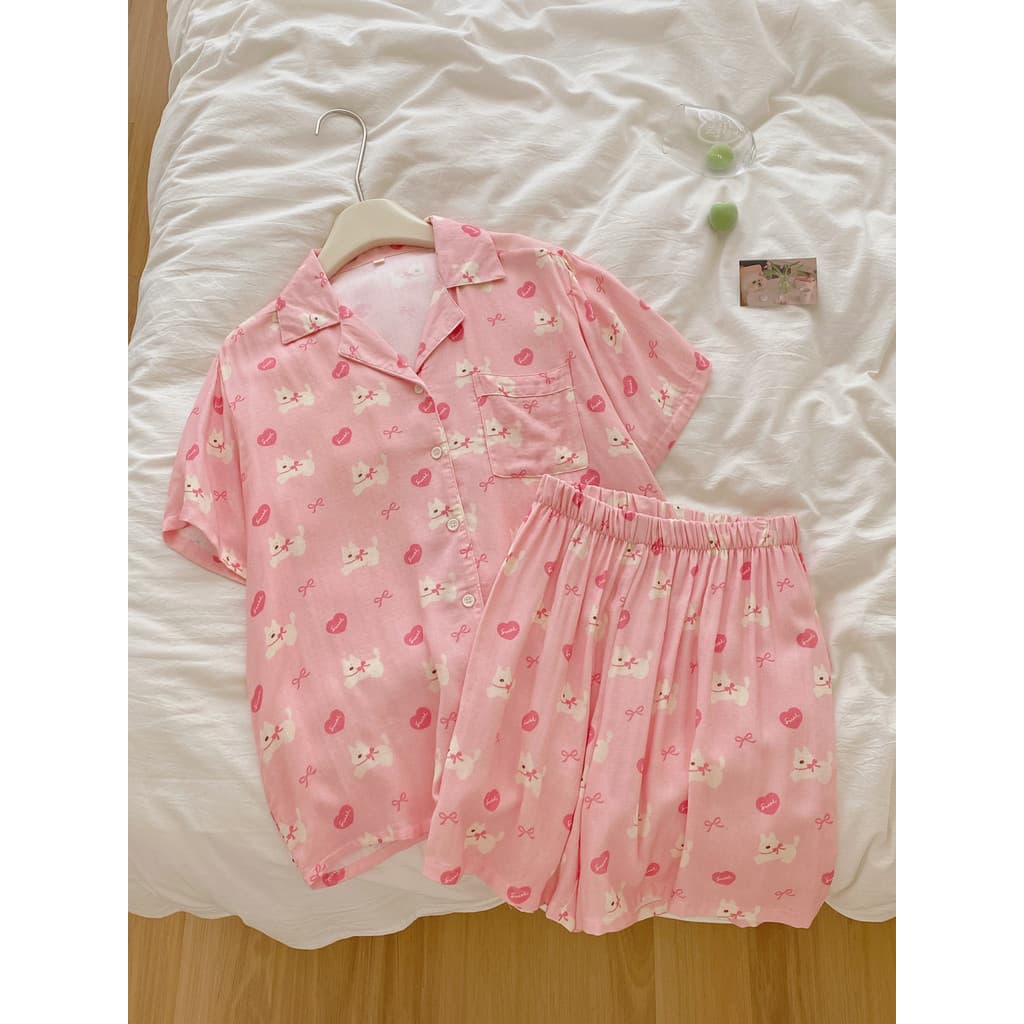 Filhote de cachorro com laço |Pijamas de algodão de bambu feminino verão manga curta bonito rosa estilo coreano ins esti