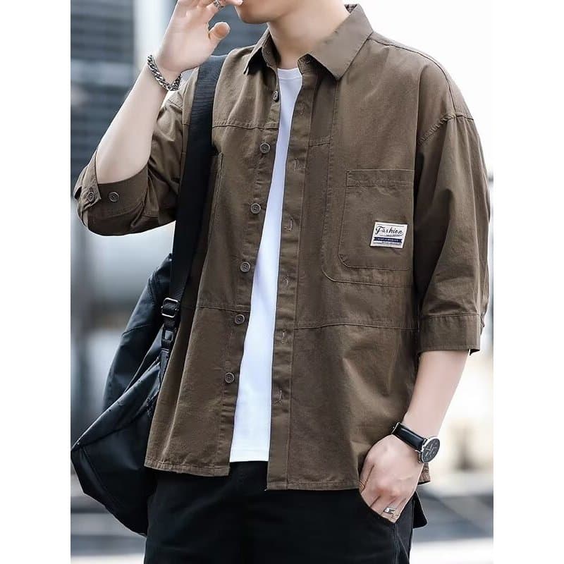 Camisa masculina de manga três quartos camiseta masculina High-End puro algodão camisa de manga curta verão solto meados